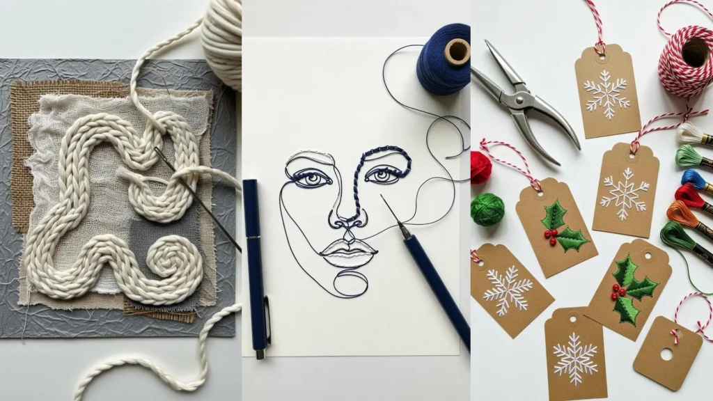 A collage of mixed-media embroidery techniques on paper, including a line-art portrait and embroidered gift tags.