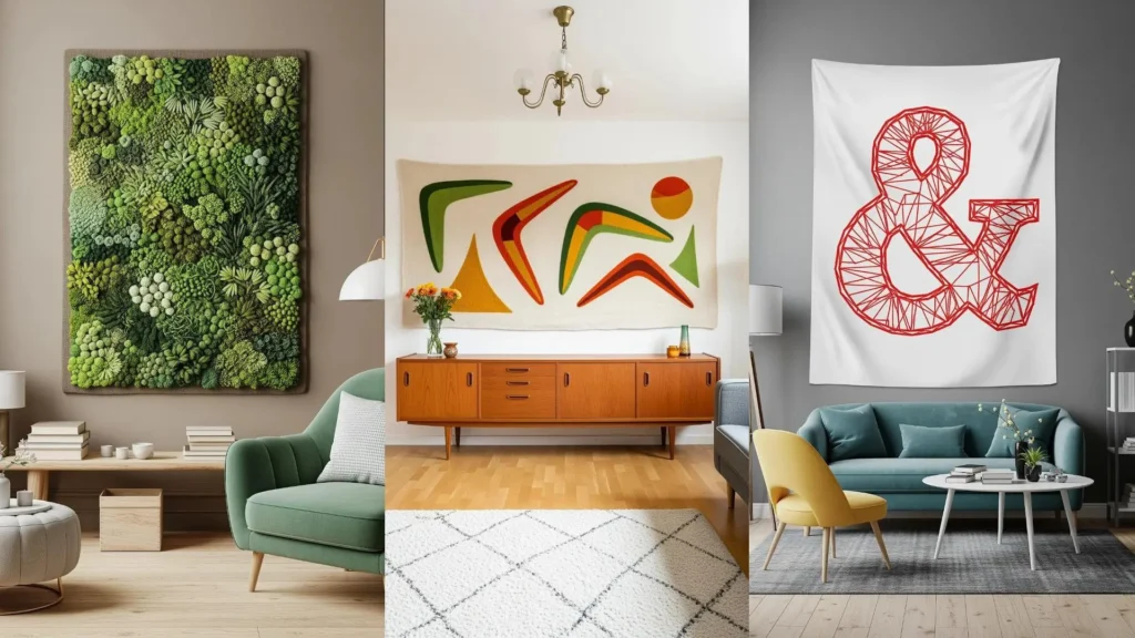 A collage of modern embroidered tapestry designs hanging in three stylish, designer-made living room settings.