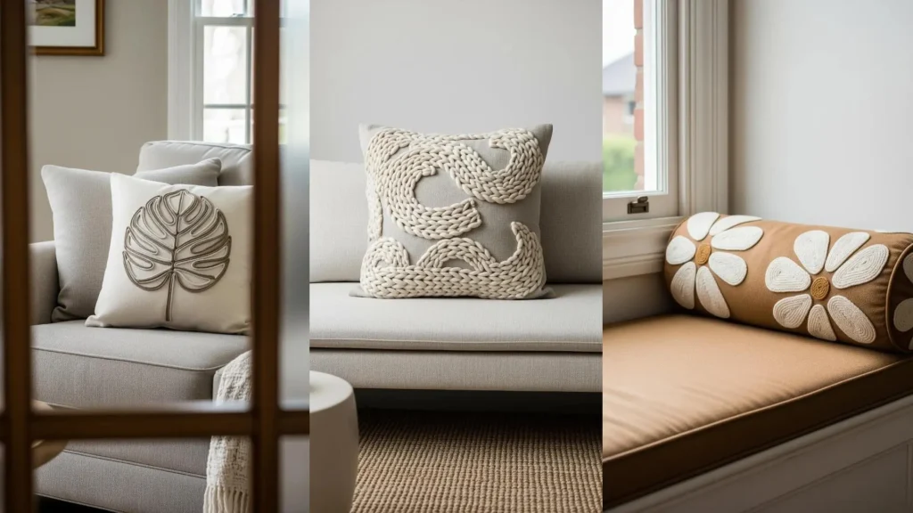 Close-ups of boutique-level embroidered pillows on sofas, showing neutral thread texture combinations.