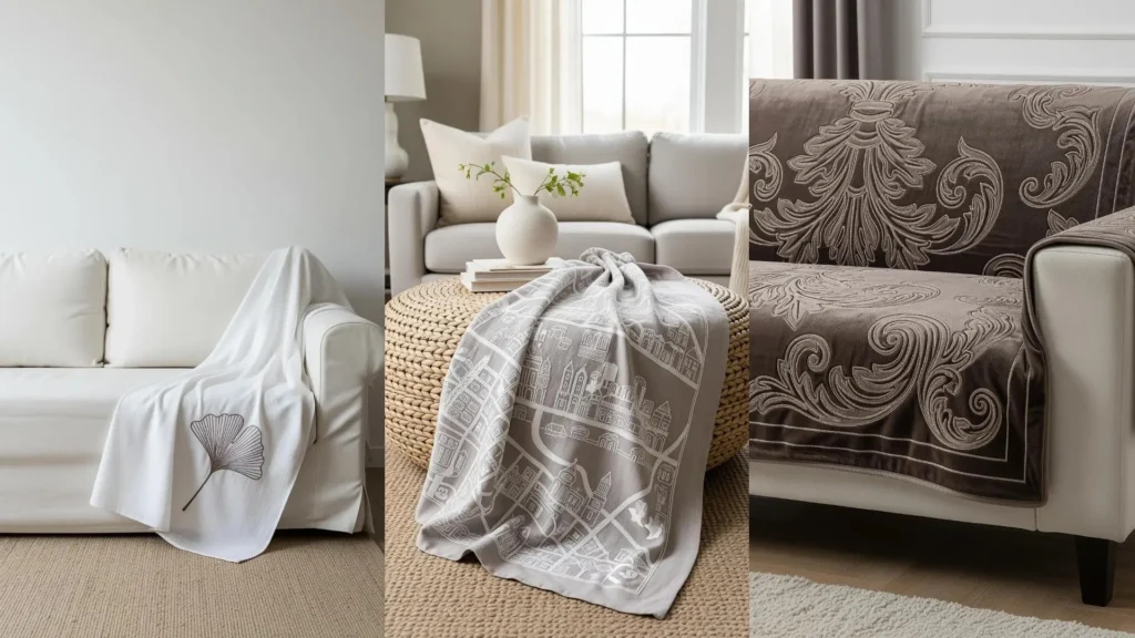Collage of embroidered throws in soft white and taupe thread palettes, styled in neutral living rooms.