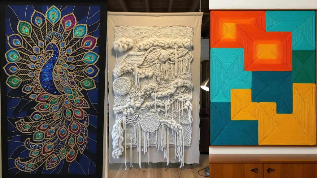 A collage of three statement-size wall art ideas featuring large-scale embroidery projects for a home's feature walls.