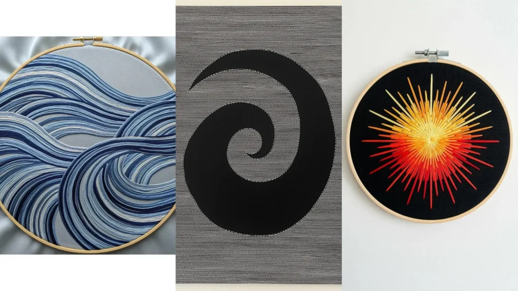 Three abstract line art embroidery styles for bedroom walls, featuring waves, a spiral, and a sunburst.