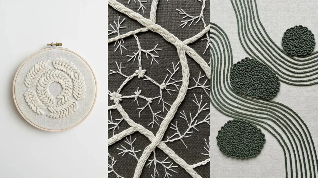A collage of abstract embroidery designs showing multi-dimensional texture play with monochrome thread.