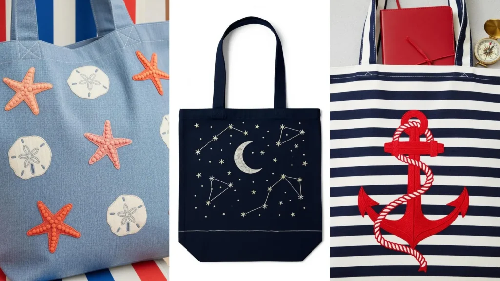 Close-up of beach-themed tote bags showing embroidery designs of an anchor, starfish, and constellations.
