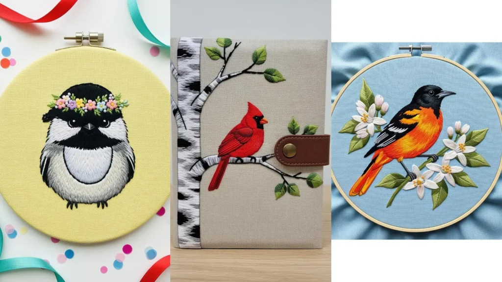 Vibrant bird embroidery patterns featuring a chickadee with a flower crown, a red cardinal, and a colorful oriole.