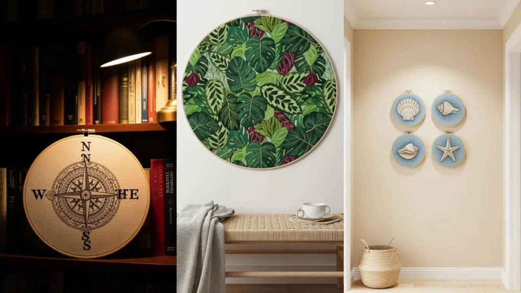 A collage of boho wall hoop embroidery ideas with a vacation feel, showing a compass, tropical leaves, and seashells.