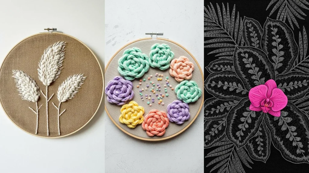 Bold bohemian floral embroidery ideas in a collage, showcasing colorful and creative designs in embroidery hoops.