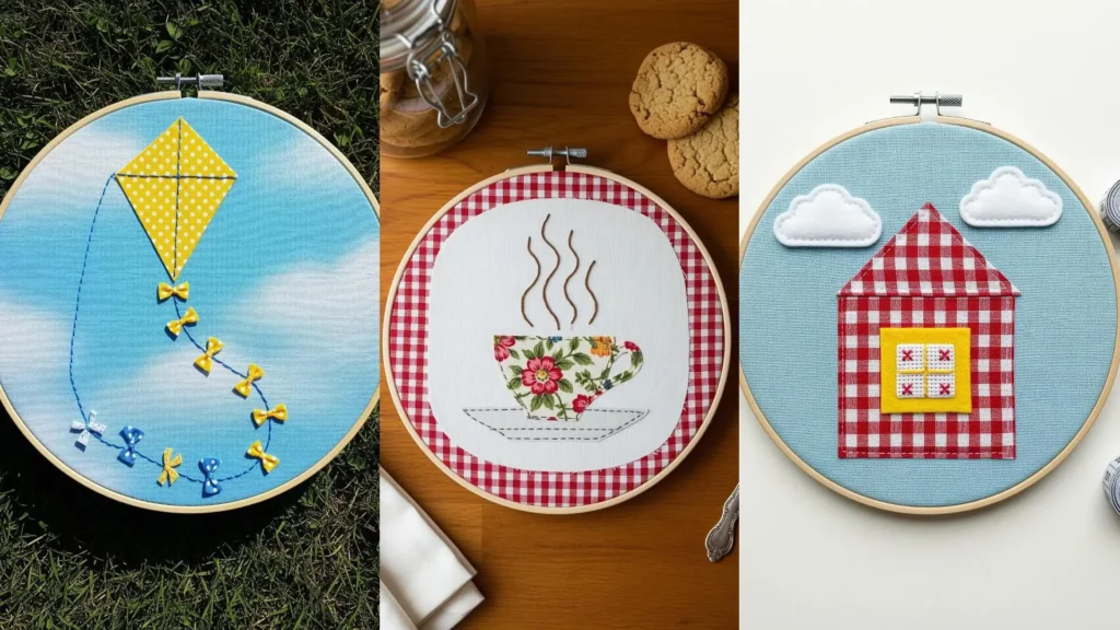 Three easy fabric collage embroidery layouts for beginners, showing a kite, a teacup, and a house.