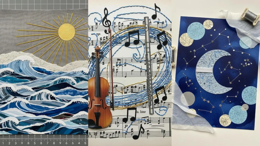 Three handmade collage projects showing sea, music, and moon themes, all embellished with tiny hand stitches.