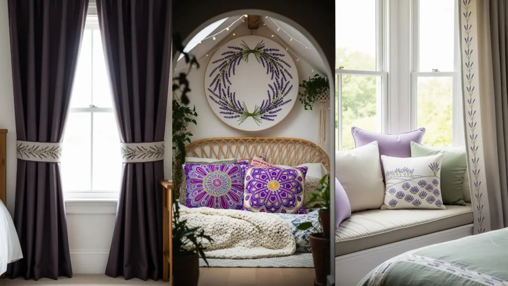 Relaxing bedroom featuring lavender embroidery designs on pillows, curtains, and wall art.