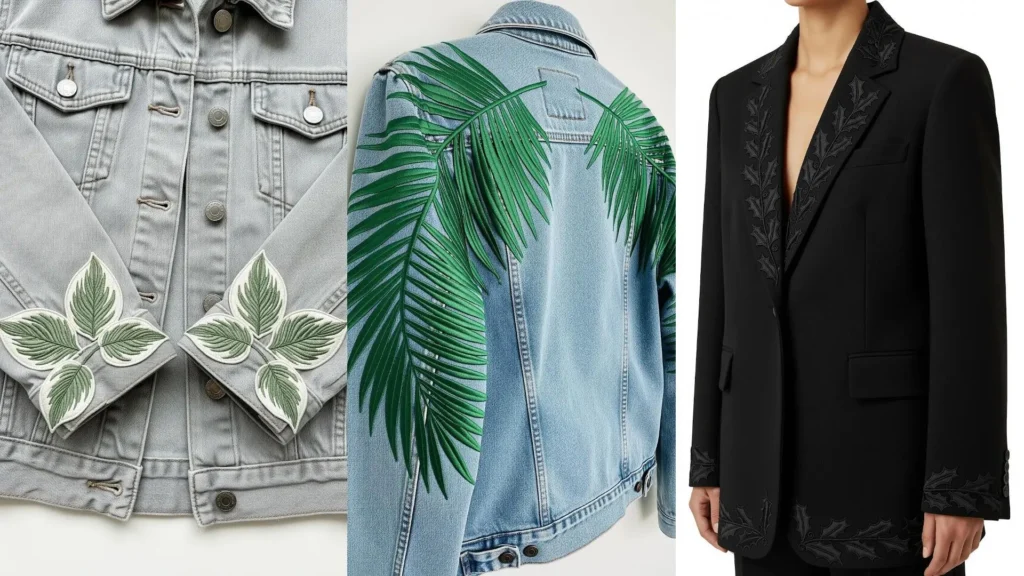 Collage of jackets with embroidered leaf shapes, showing ideas for creating trendy, realistic foliage.