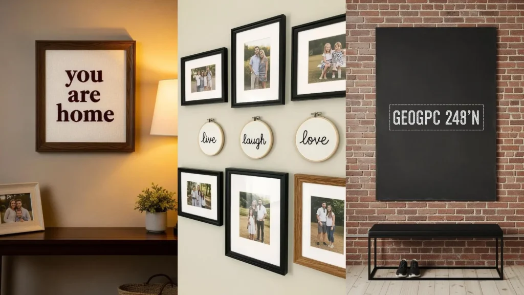 Entryway walls with minimal typography embroidery. Includes a framed 'you are home' and 'live, laugh, love' hoops.