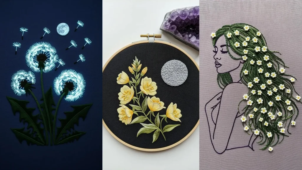 Moody, magical moonlit floral embroidery featuring night-blooming flowers like glowing dandelions under the moon.