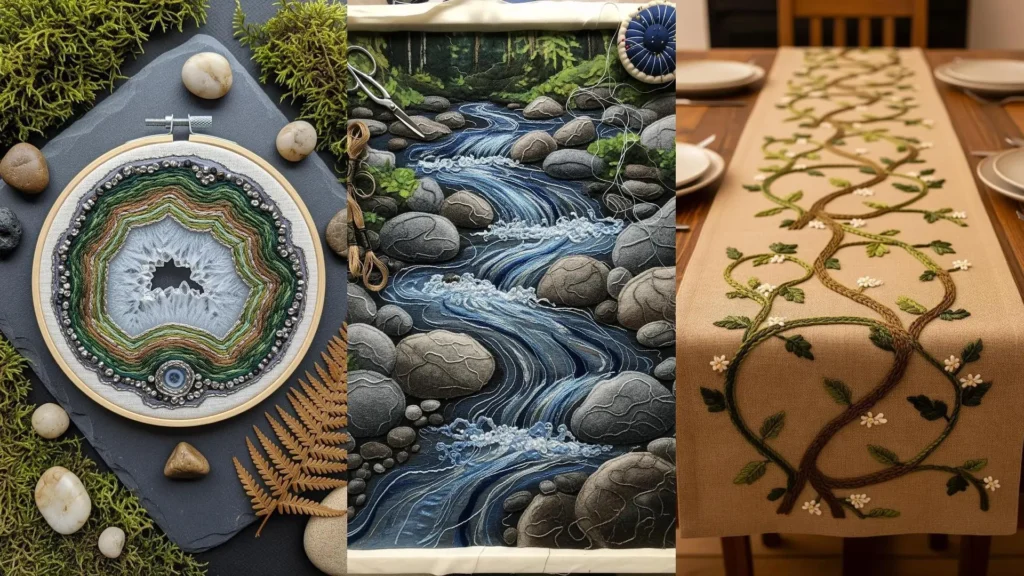 Organic texture embroidery designs that feel like a forest, featuring a geode, a stream, and leafy vines.