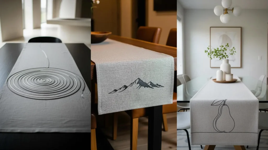 Three simple stone-gray embroidered table runner ideas for a calm dining room, featuring minimalist modern designs.