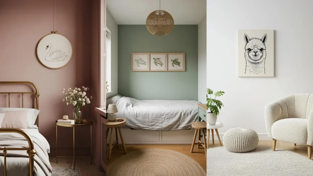 Tiny animal embroidery sketches of a swan, turtles, and a llama decorating the walls of three whimsical kids' rooms.