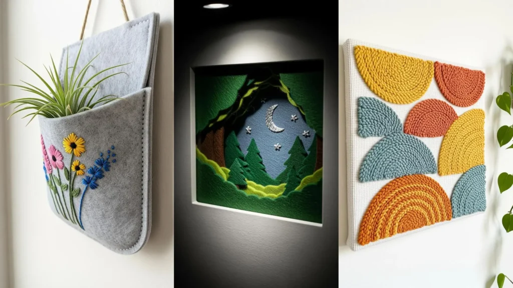 A collage of three tiny DIY wall art ideas for apartments, including an embroidered planter and abstract punch needle art.