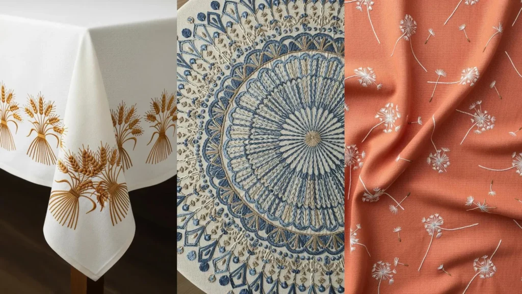 Boho chic and rustic farmhouse table linen shown with intricate embroidery patterns of wheat sheaves and floral designs.
