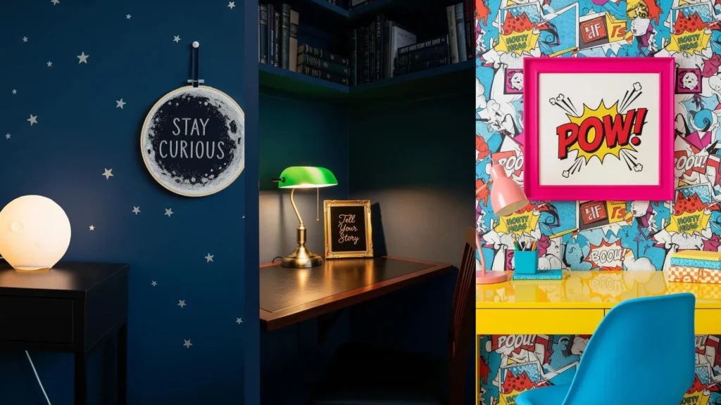 A collage of three small workspaces, each decorated with a compact embroidery quote frame to inspire creativity.