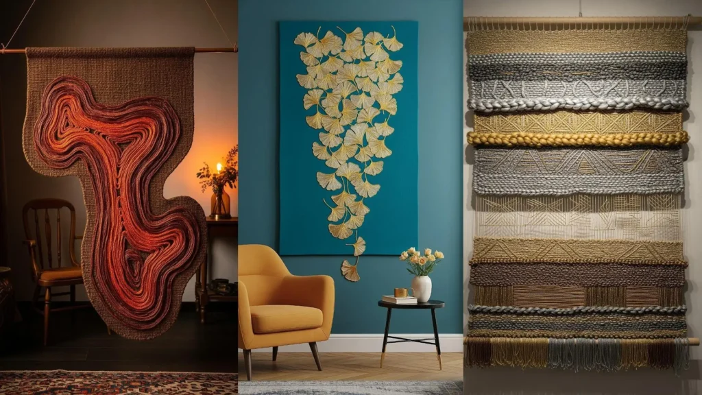 A collage showing three glamorous wall art designs with light-reflecting metallic thread for stylish interiors.