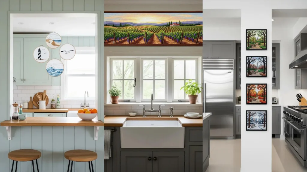 A collage of kitchen walls decorated with mini landscape embroidery, adding a touch of charm above sinks and counters.