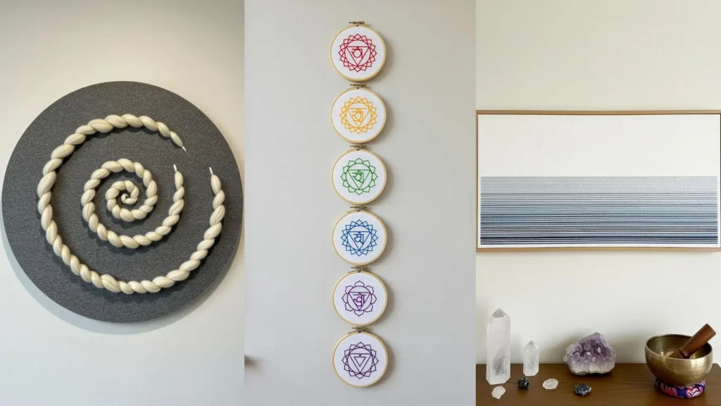 Minimal embroidery wall designs create a calm space, with chakra hoops and abstract art for a meditation room or zen nook.