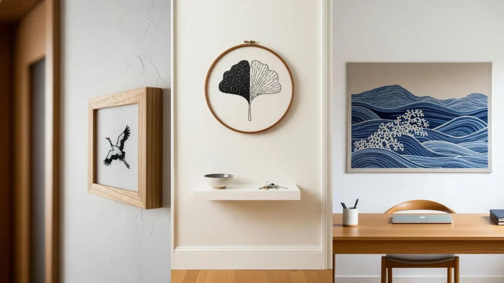 Monochrome embroidery wall art in a Japandi-style interior, with designs of a crane, a ginkgo leaf, and ocean waves.
