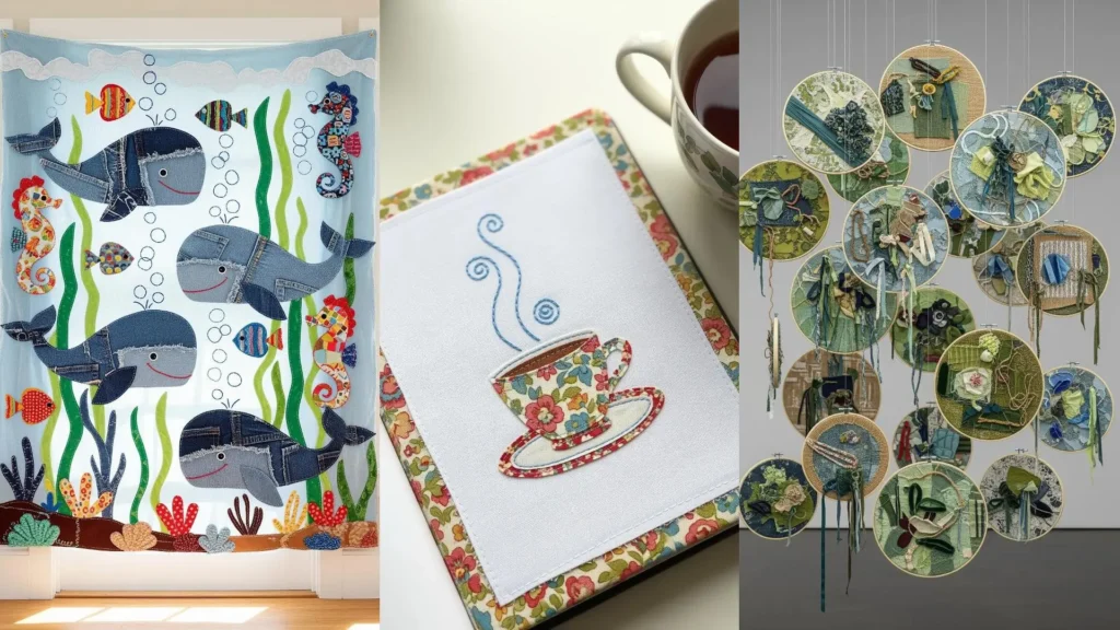 A collage of three scrap fabric embroidery ideas: a denim whale scene, a floral teacup, and abstract art in hoops.