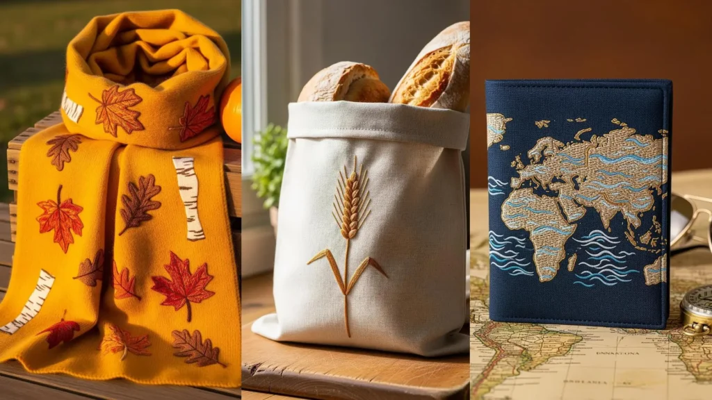 Artistic embroidery projects turning everyday items into presents, featuring a scarf, bread bag, and passport holder.