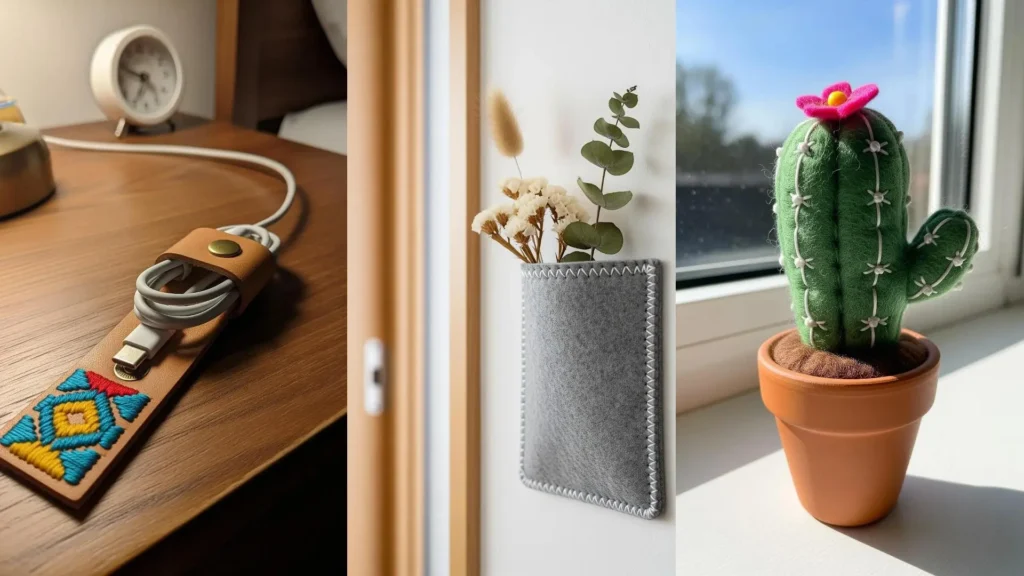 A collage of artistic tiny decor pieces: an embroidered cable holder, a felt wall pocket, and a handmade felt cactus.