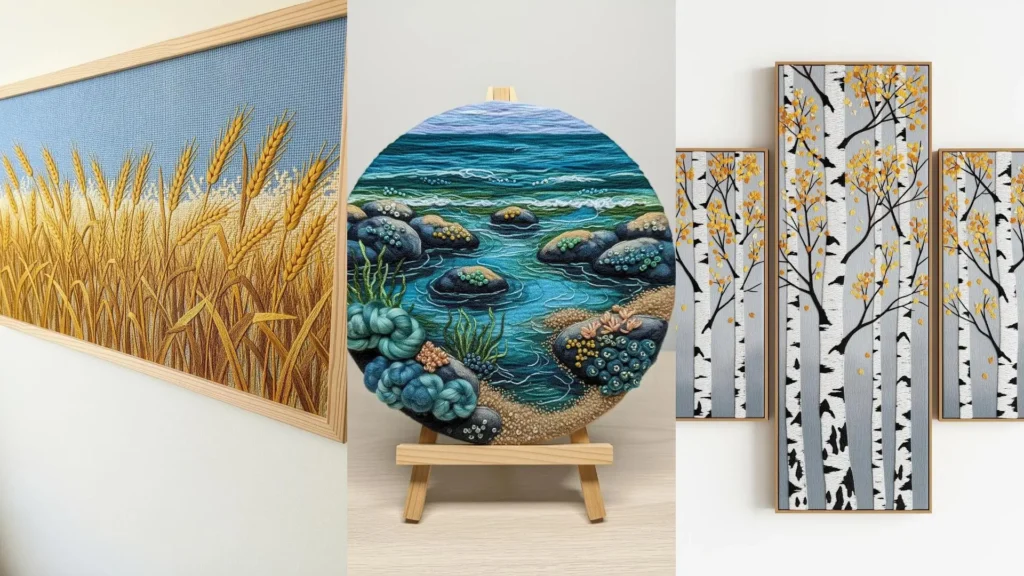 A collage of three beautiful, earth-inspired embroidery designs: a wheat field, a rocky coast, and yellow-leafed trees.