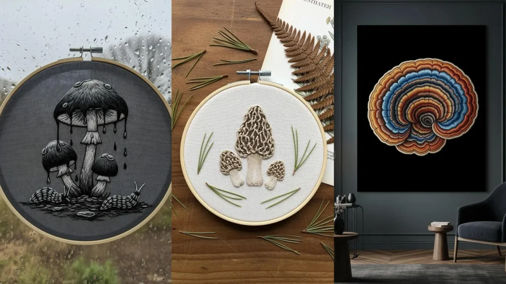 A trio of inspiring botanical stitch ideas for mushroom embroidery, showcasing detailed textile art of the forest floor.