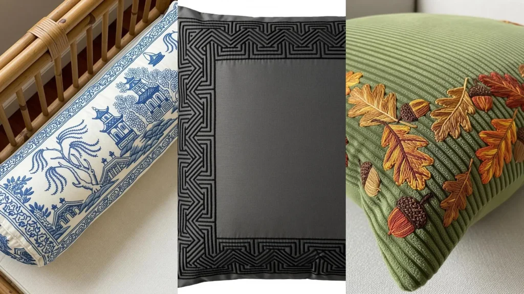 Three pillows transformed with hand-stitched cushion borders in styles from classic blue and white to modern geometric.