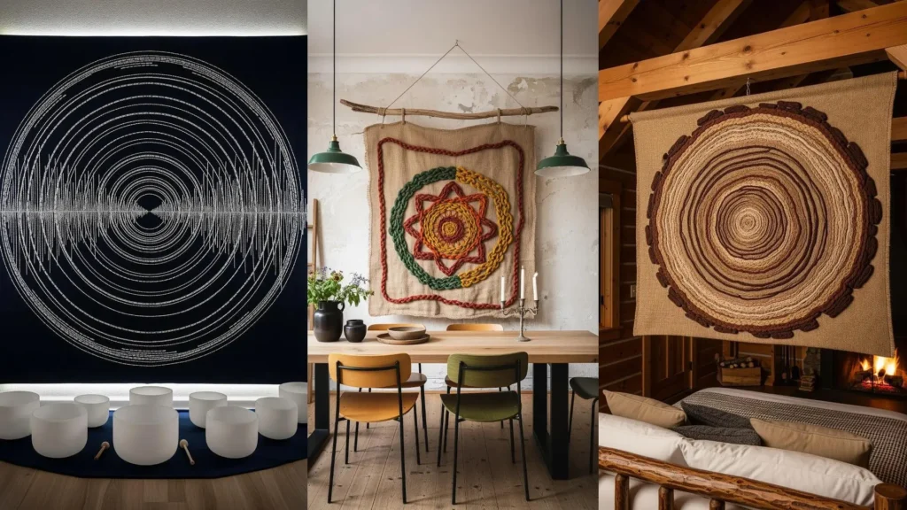 A collage of mandala embroidery wall art ideas for zen decor, creating a calm space for meditation.