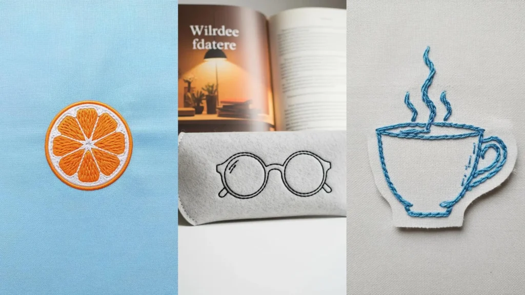 Small embroidery ideas for personalizing gifts, showing an embroidered orange slice, glasses case, and a coffee cup design.