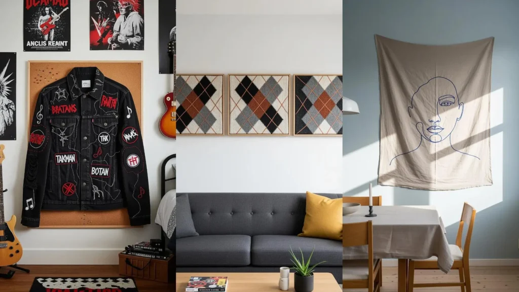 Embroidered wall art from upcycled old clothes, featuring a patched denim jacket and framed fabric art in a home.