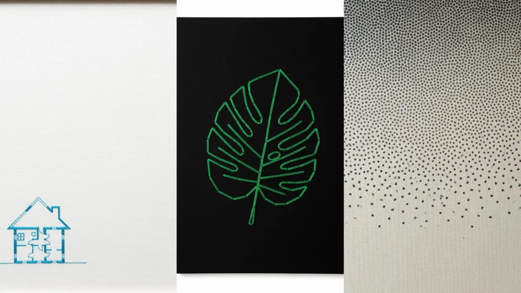 Minimal wall art using thread and negative space, featuring a house, a leaf, and a dotted pattern for a living room.