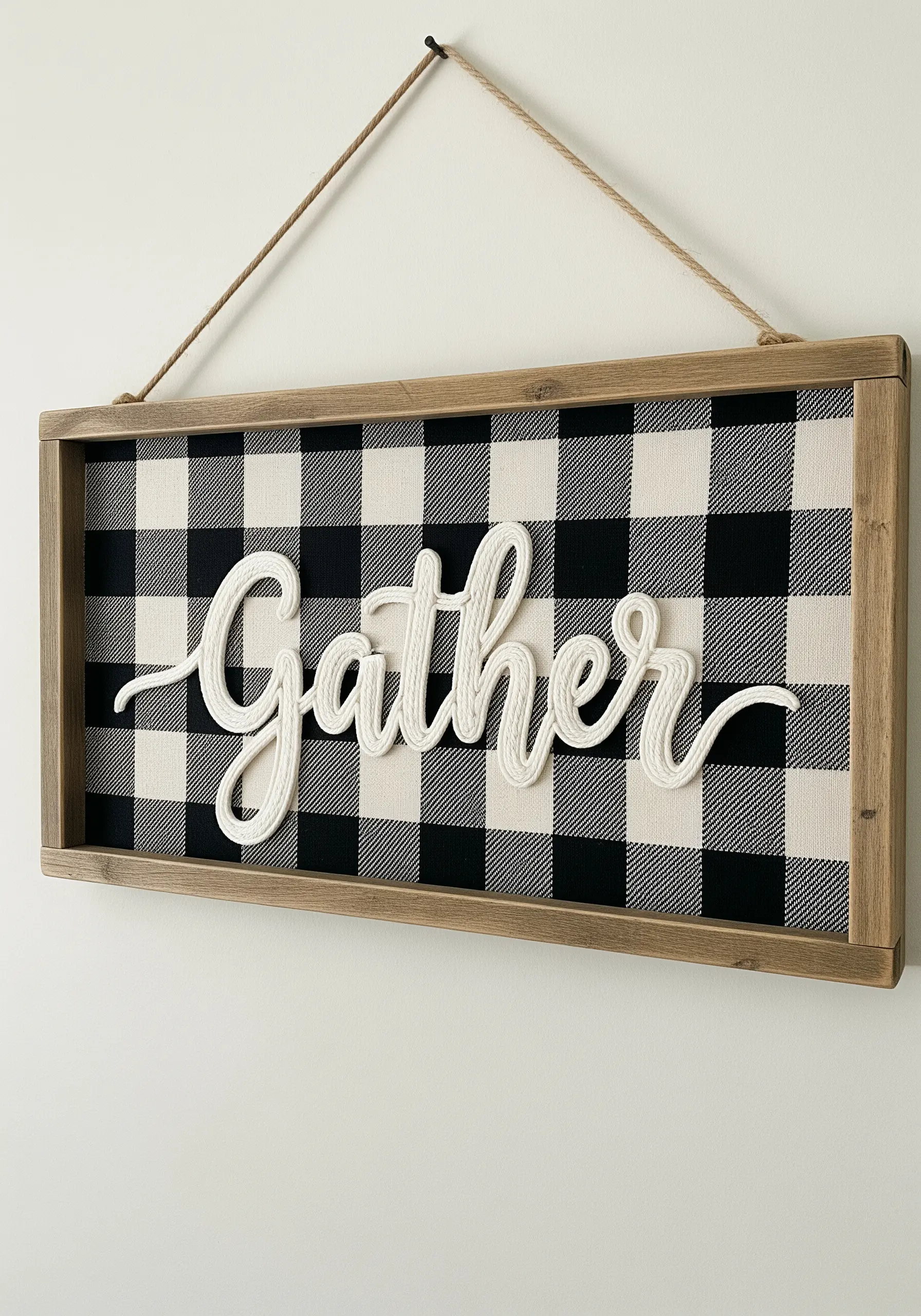 The word 'gather' in 3D white script, made from wrapped cord on a buffalo check background.