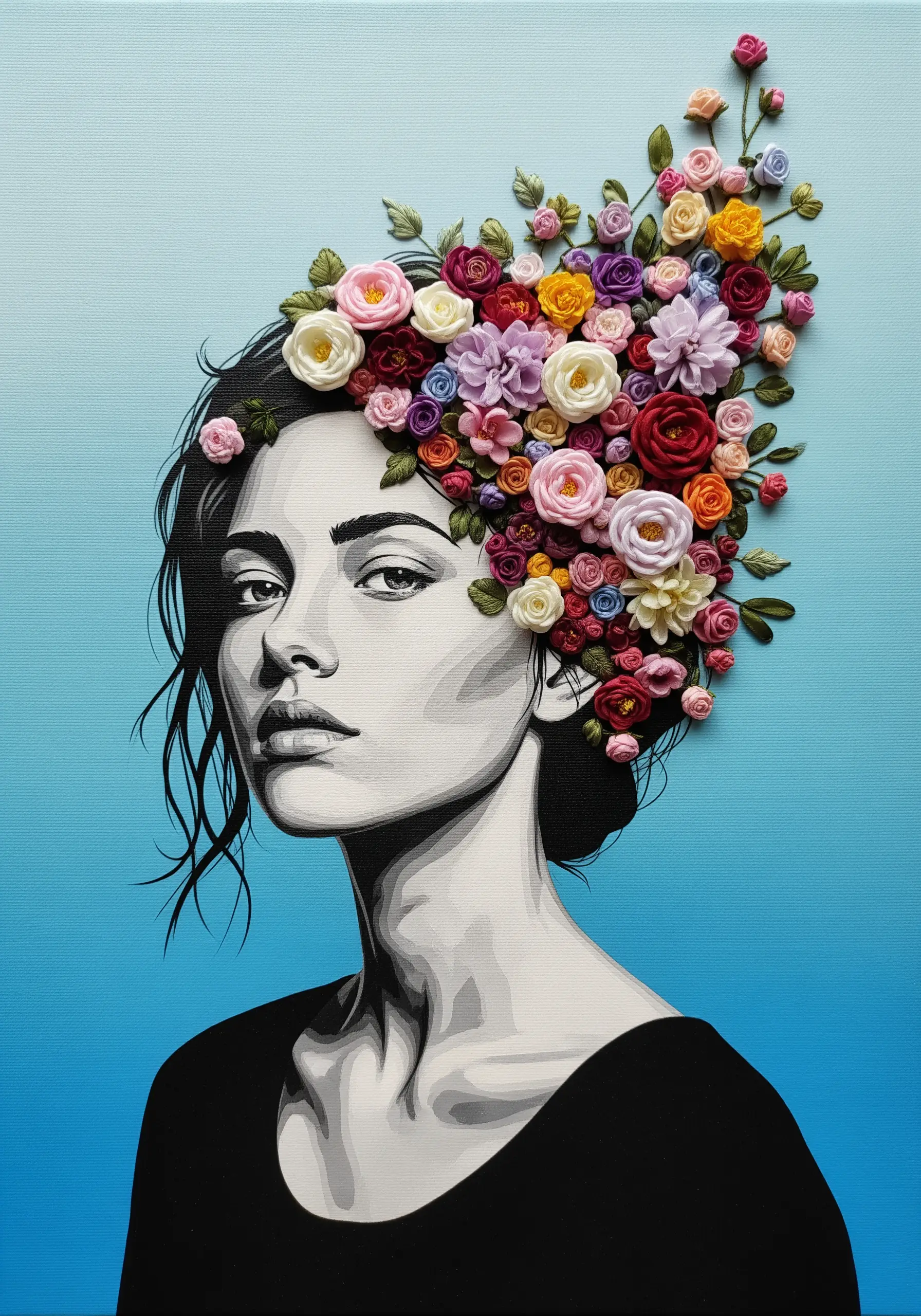 A painted portrait of a woman with a large, colorful bouquet of 3D ribbon embroidery flowers in her hair.
