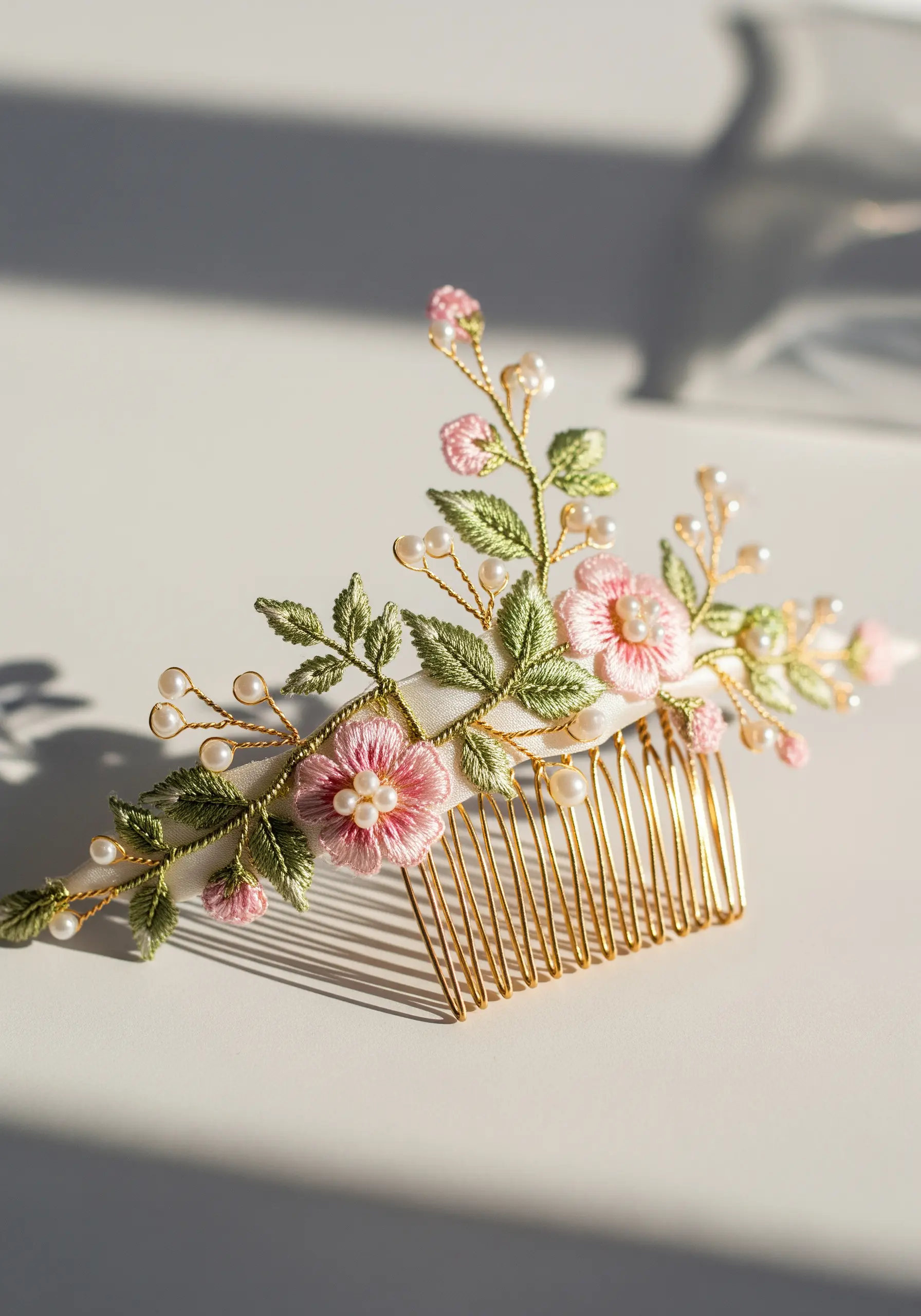 A hair comb adorned with 3D embroidered pink flowers, green leaves, and pearl beads.