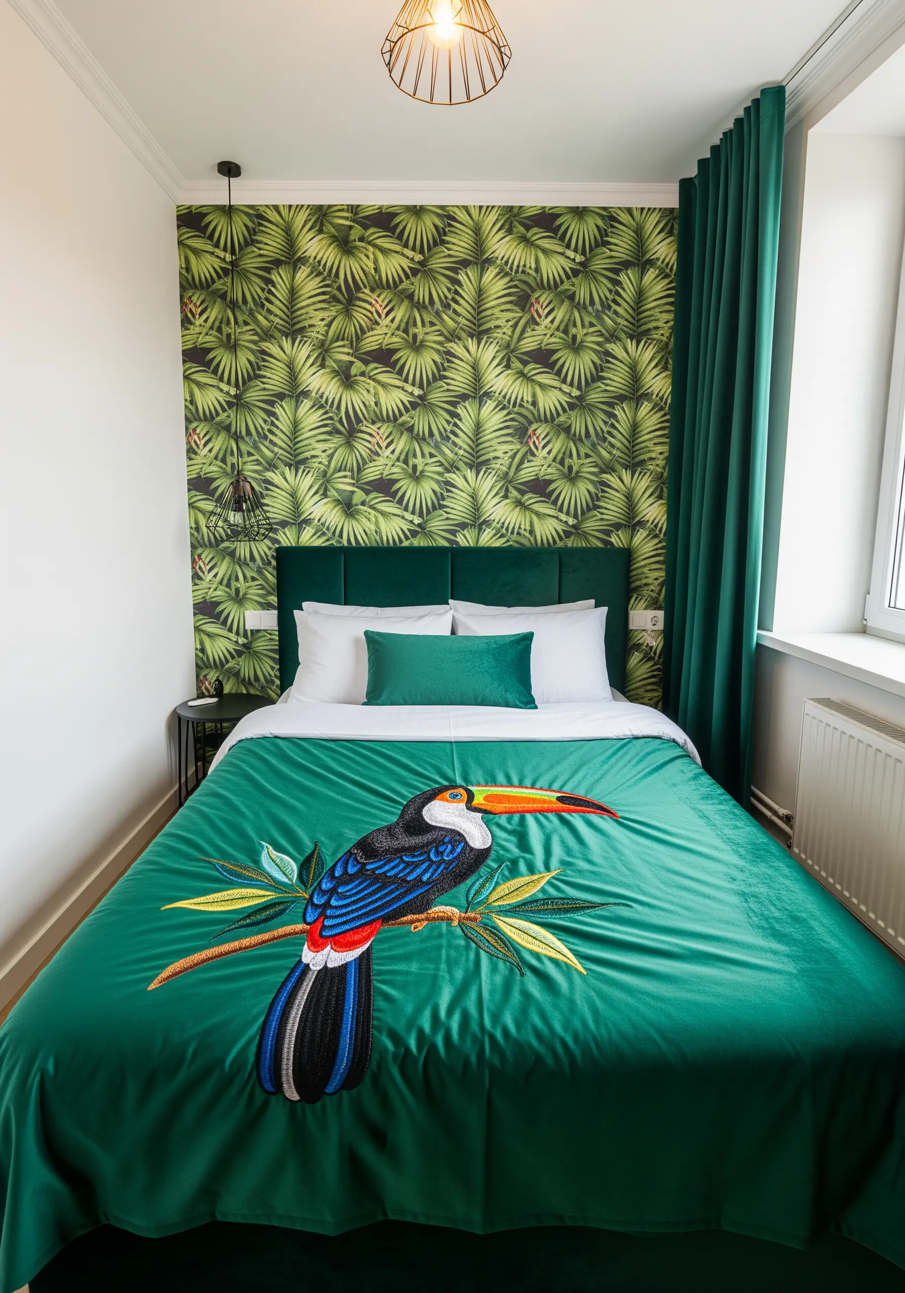 A dark green duvet cover featuring a large, vibrantly colored embroidered toucan.