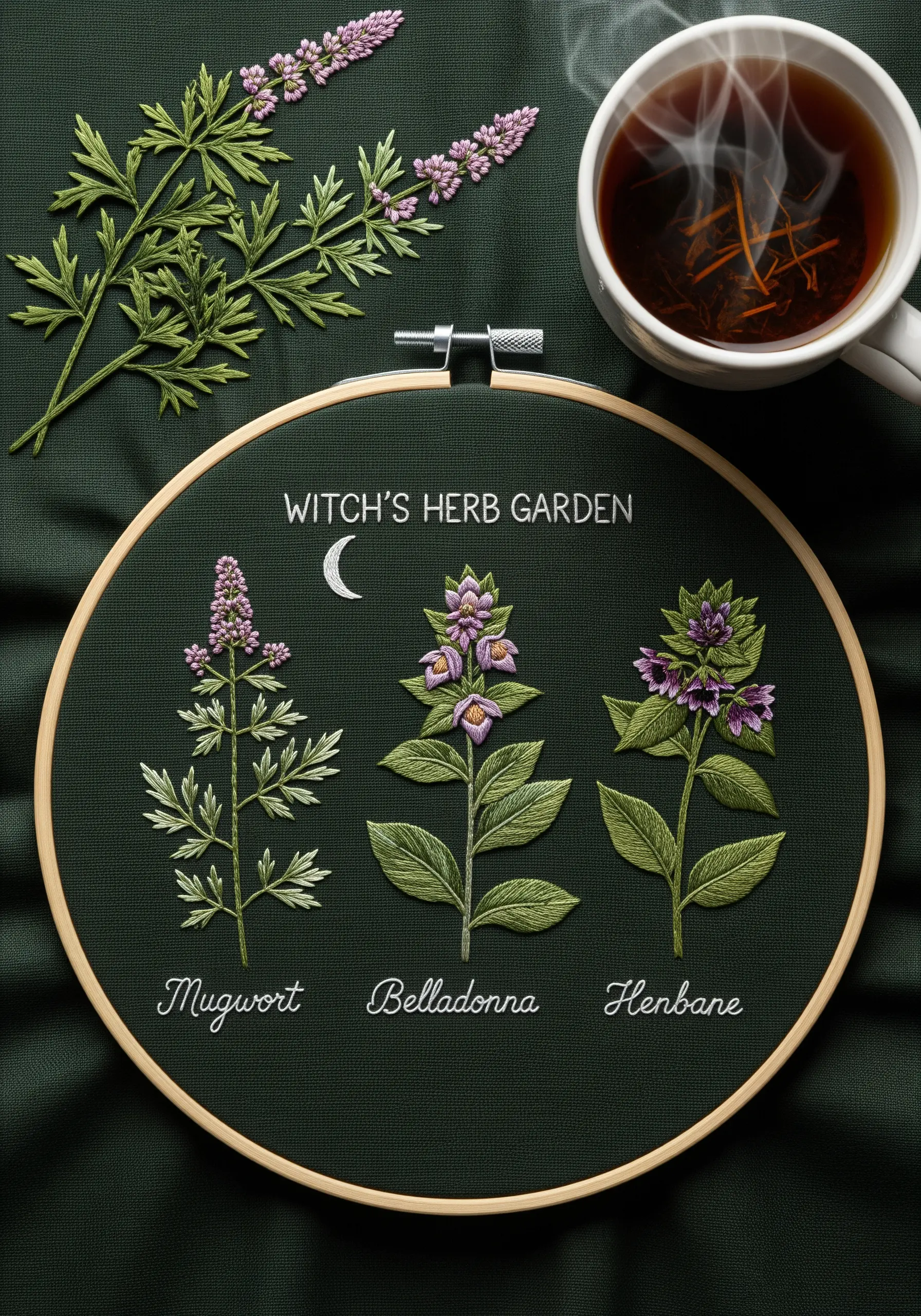 Embroidery of three medicinal herbs—Mugwort, Belladonna, and Henbane—with their names stitched below.