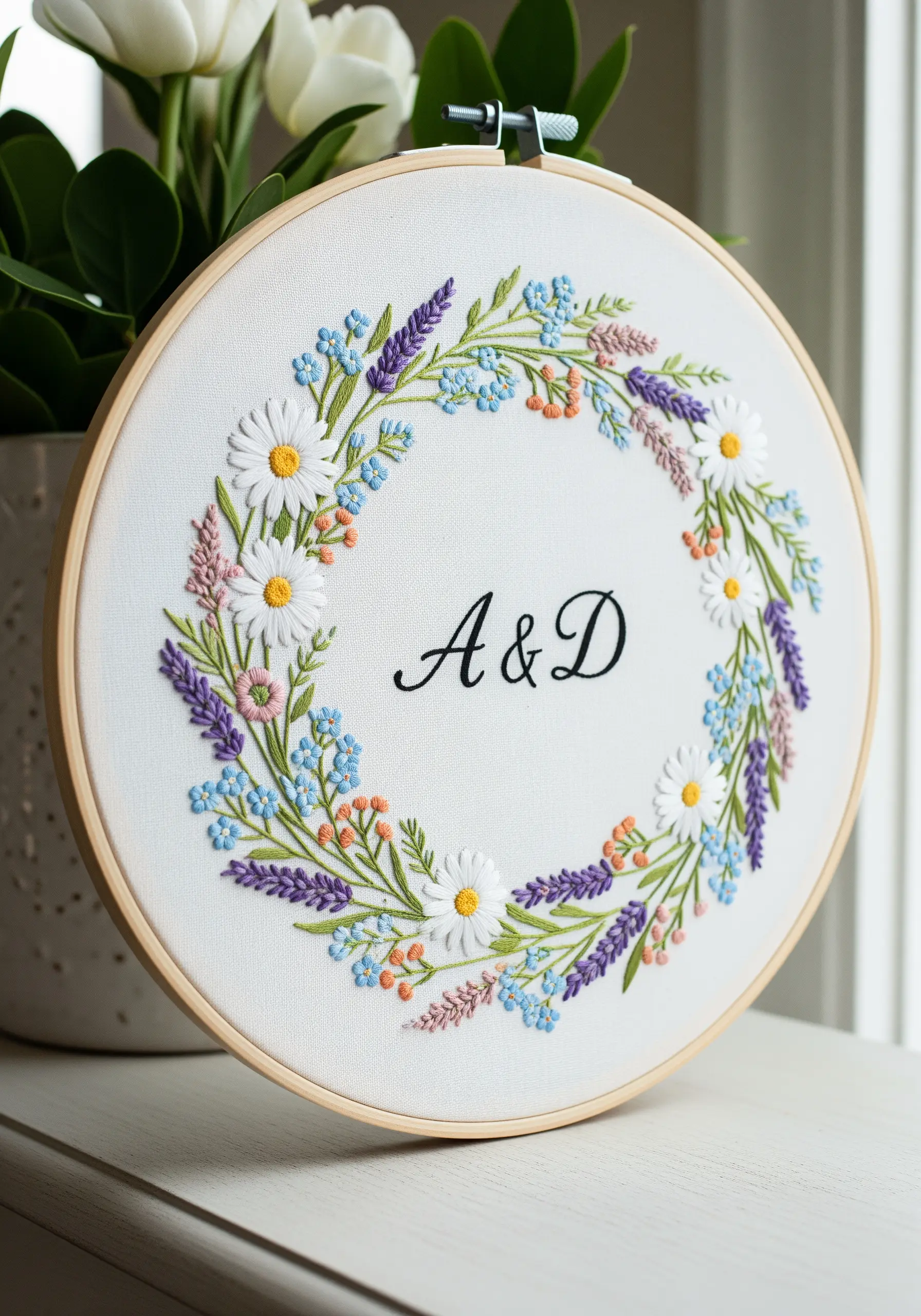 A floral wreath with daisies and lavender surrounding embroidered initials.