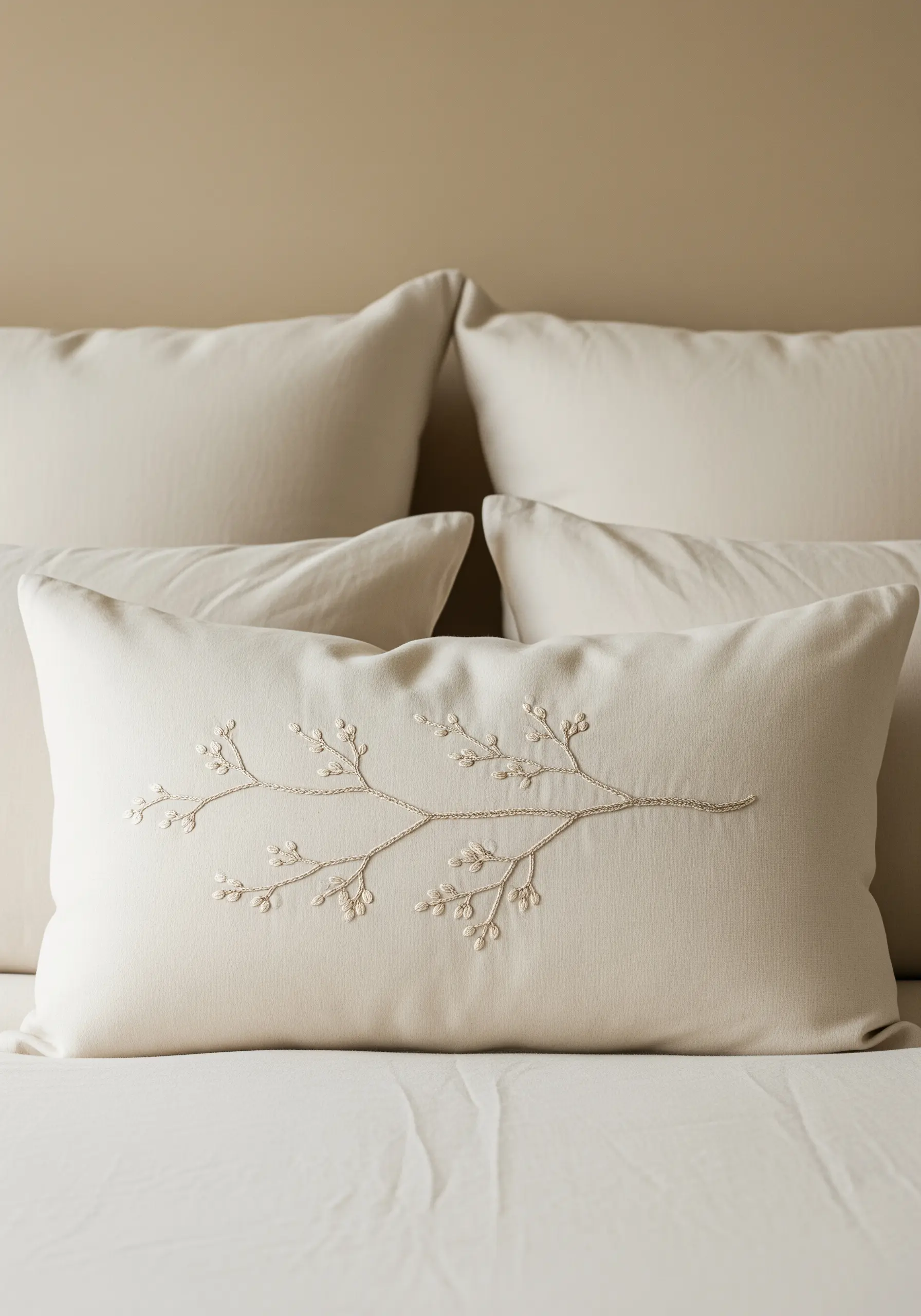 A delicate branch with French knot blossoms on a lumbar pillow.