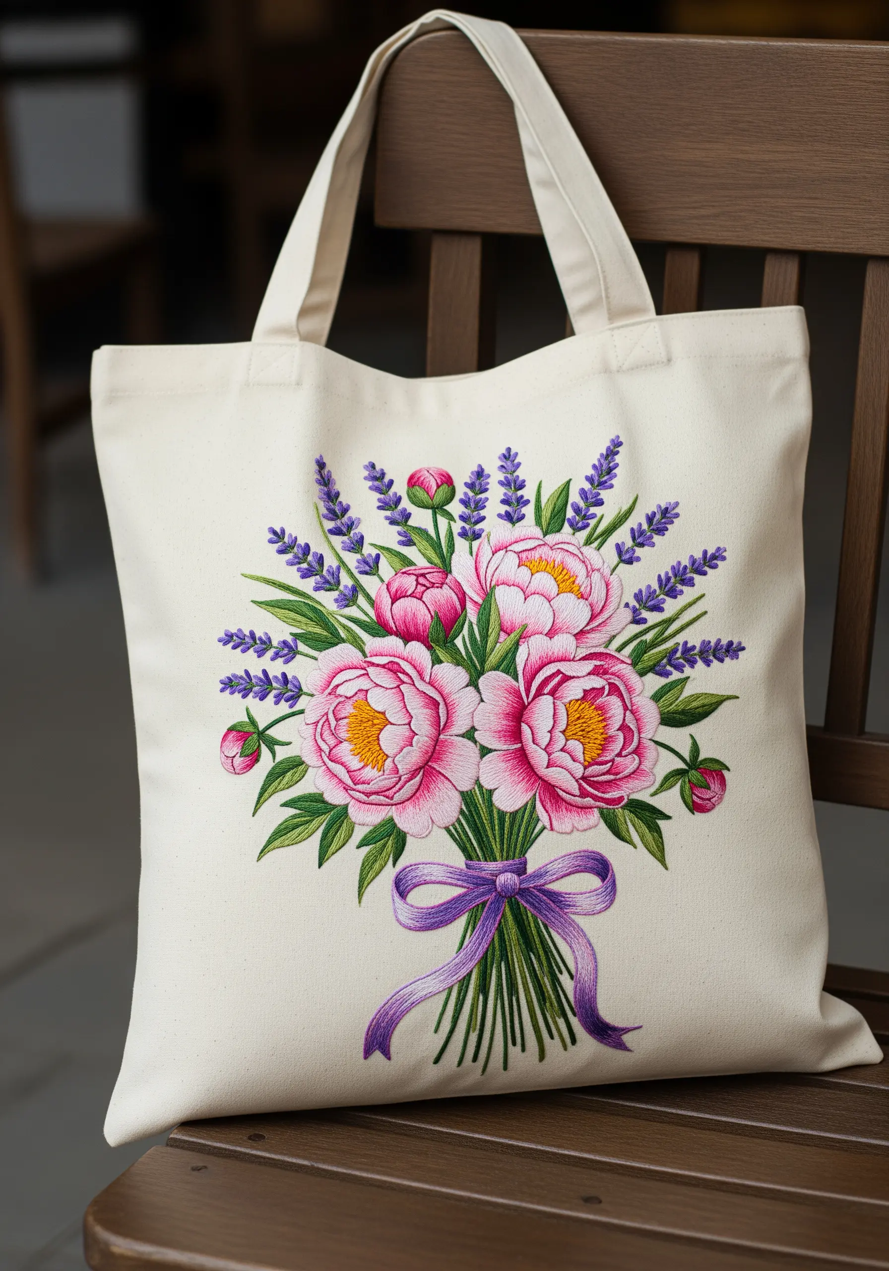A large, colorful embroidered bouquet of peonies and lavender on a canvas tote bag.