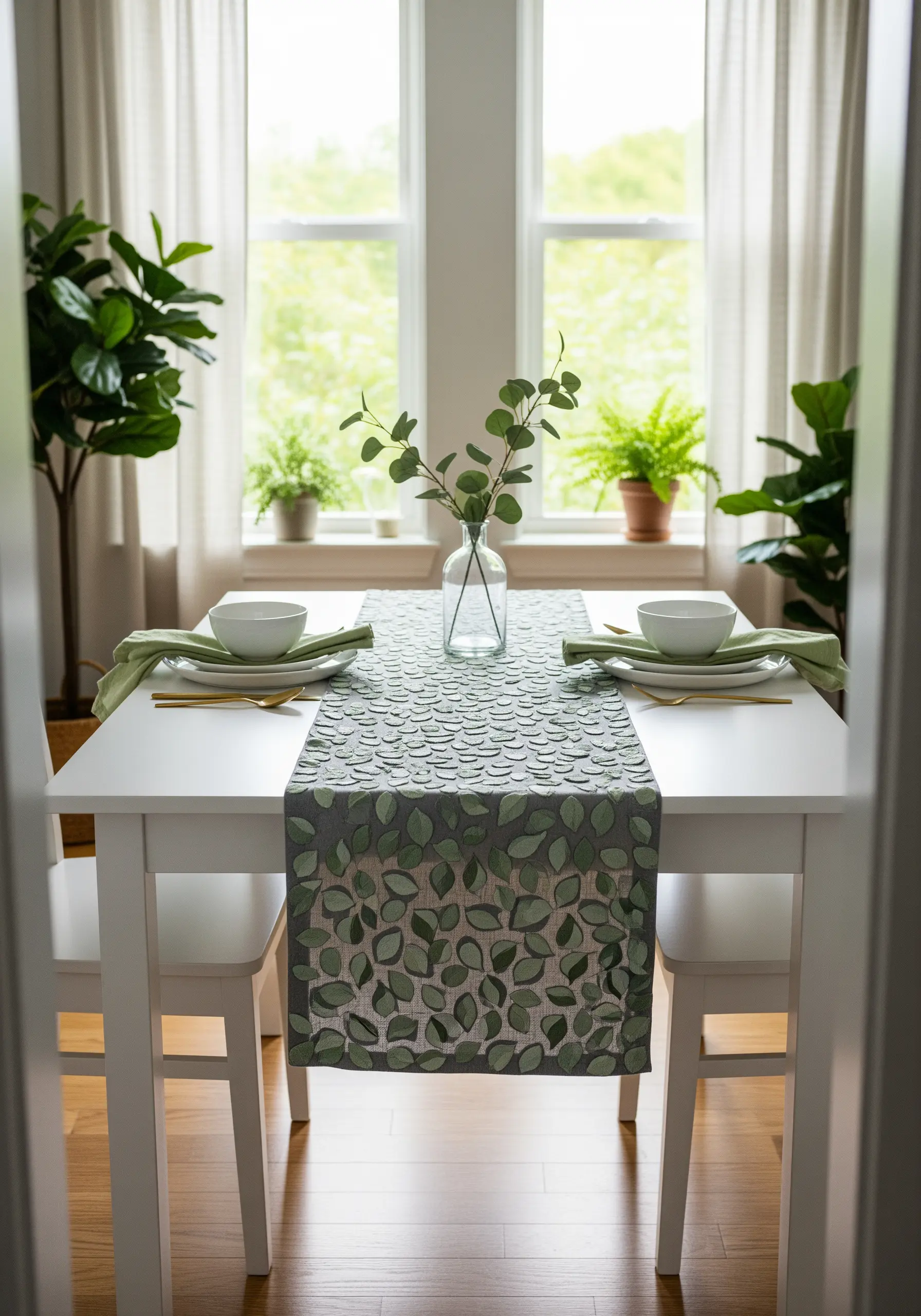 An all-over pattern of overlapping leaf outlines in various shades of green