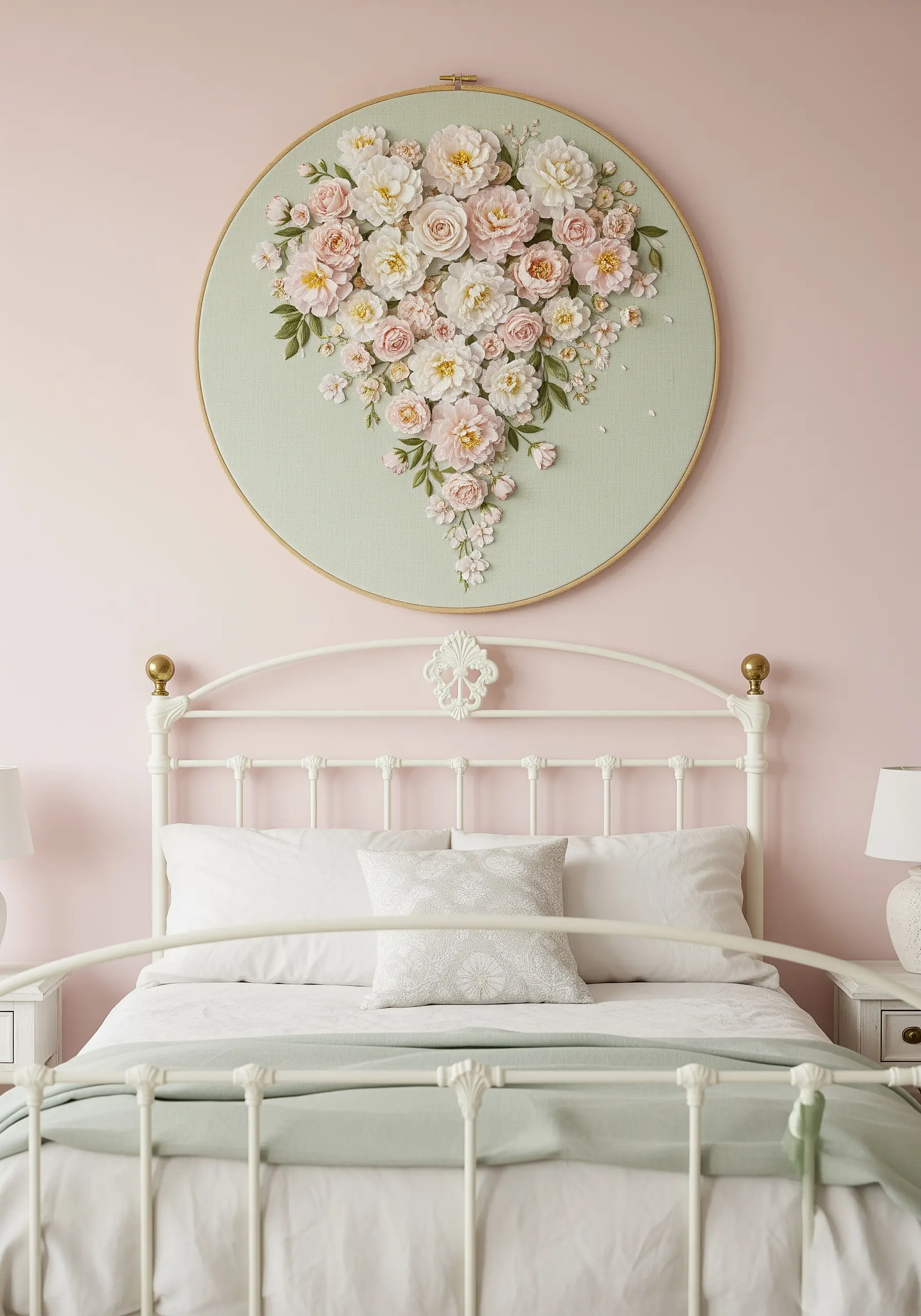 A large embroidery hoop filled with a cascading bouquet of 3D blush and cream roses.