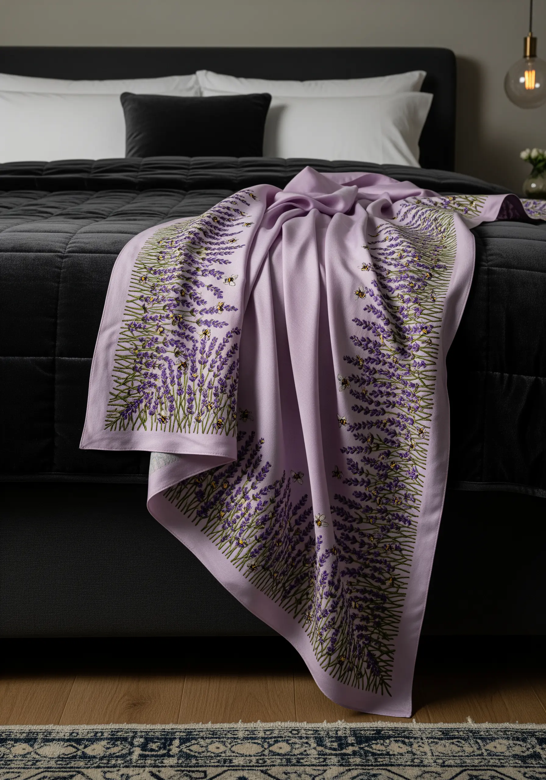 A lavender-colored throw blanket draped over a bed, embroidered with a border of lavender and bees.