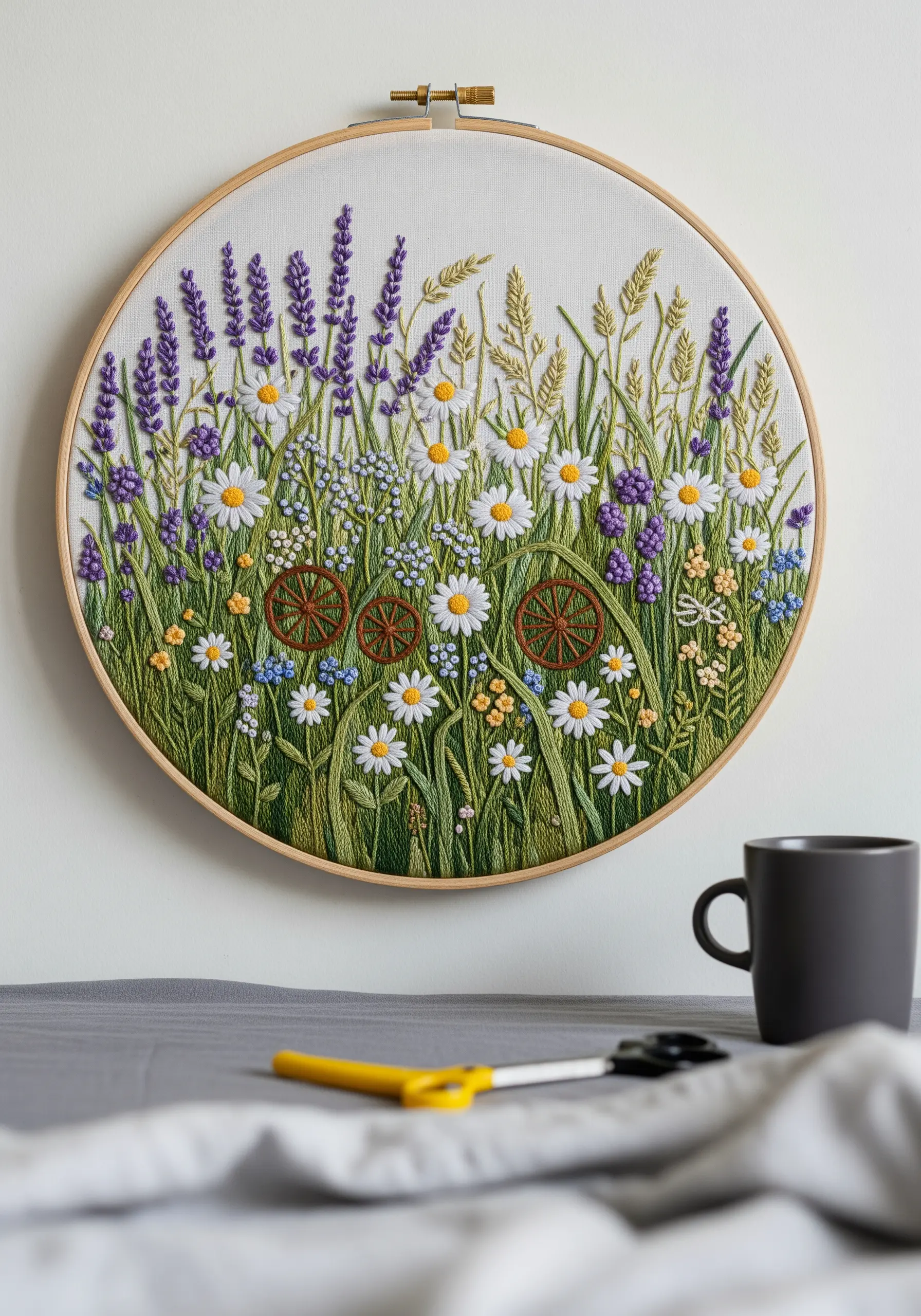 A dense and colorful embroidery of a wildflower meadow with various types of flowers.
