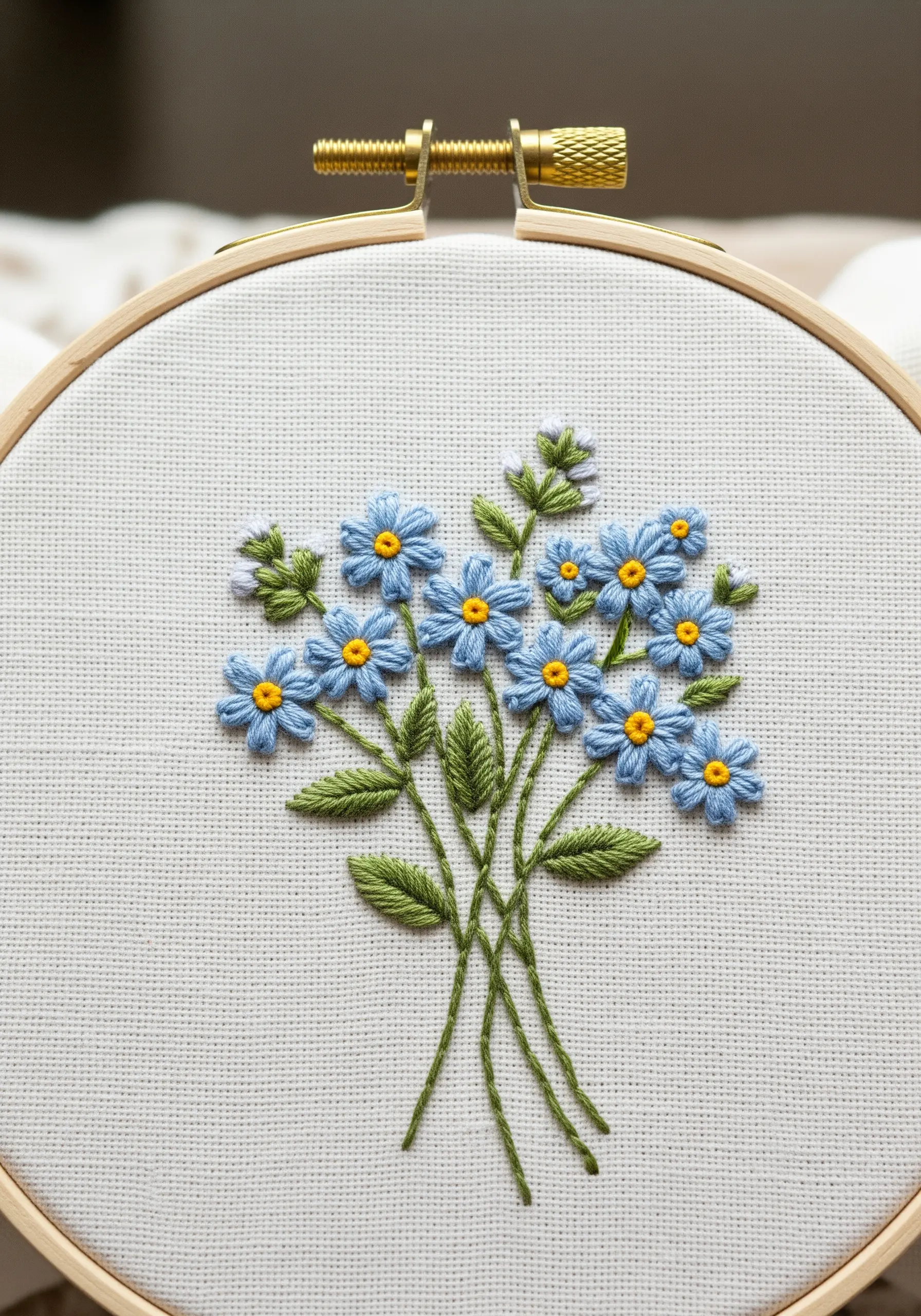 A delicate bouquet of embroidered blue forget-me-not flowers with green leaves and stems.